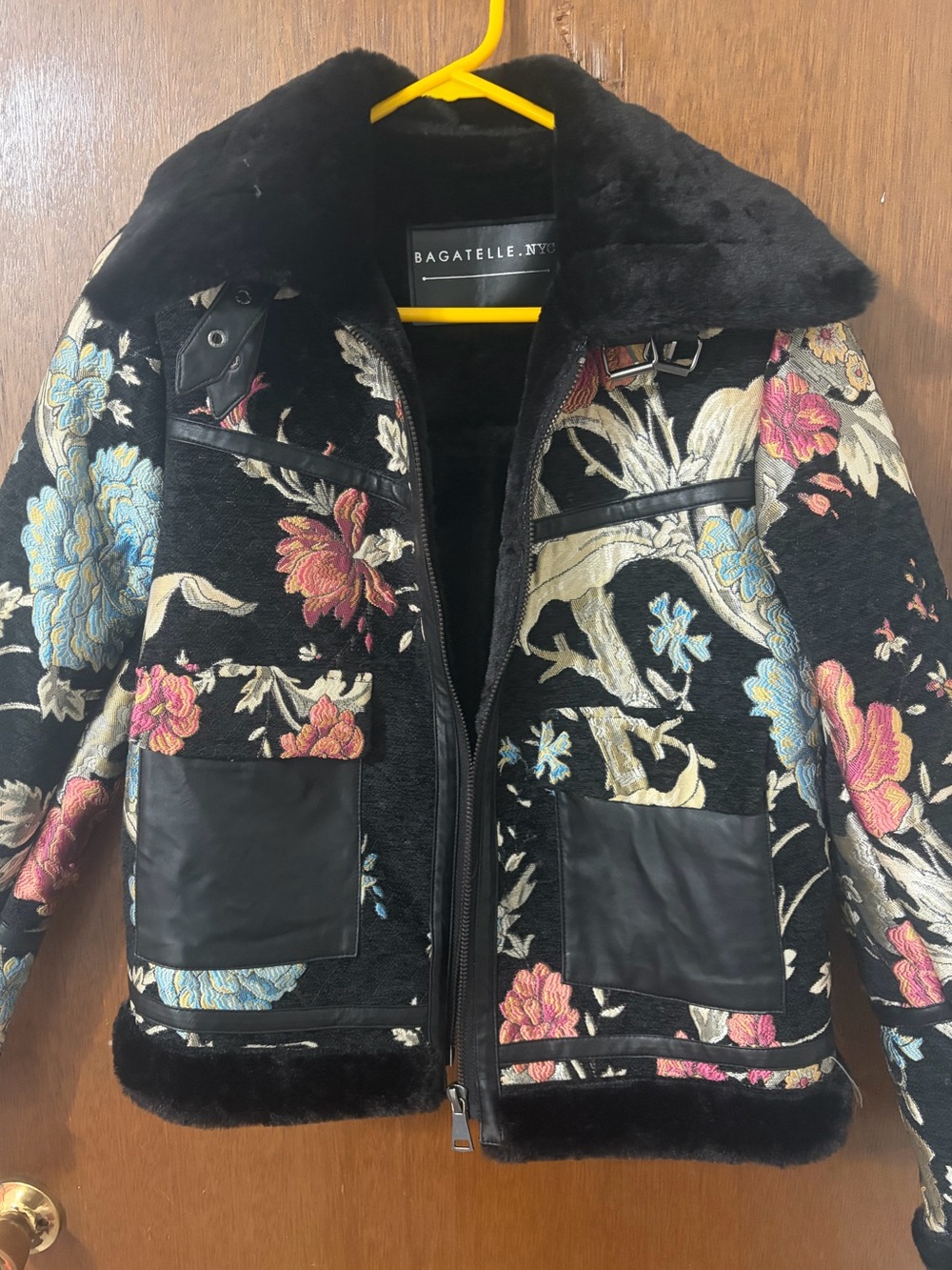 bagatelle Black Floral Embroidered Faux Fur Collar Jacket